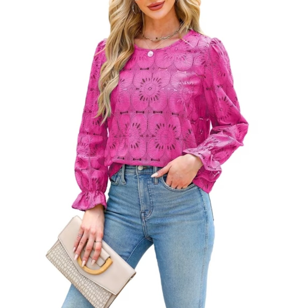 Cupshe NWT Hot Pink Floral Lace Long Sleeve Ruffle Cuff Eyelet Blouse Top - XL